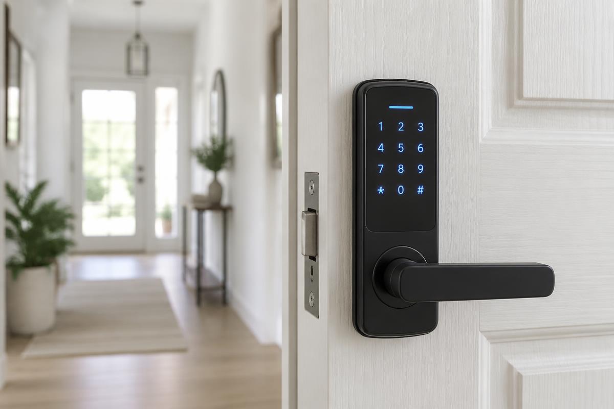 Locksmith installing a new smart lock on a door