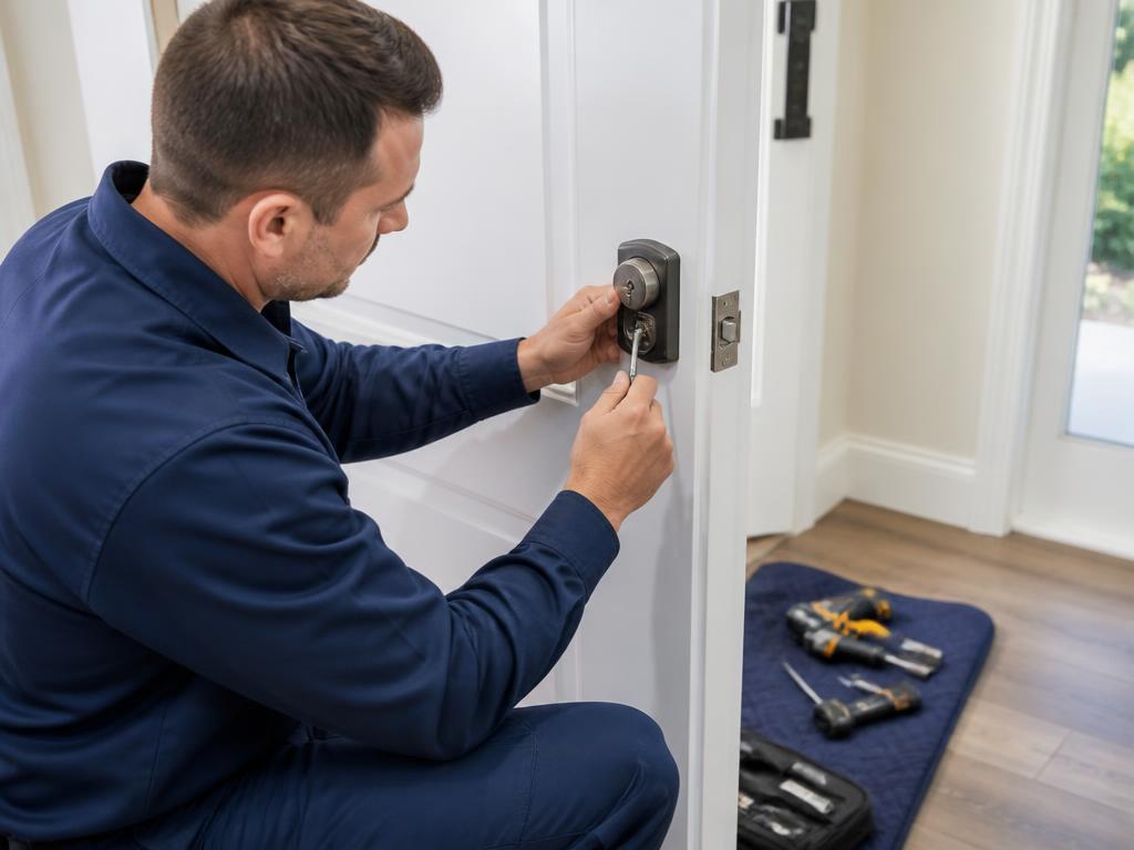 Locksmith fitting a replacement lock to a Glen Waverley door