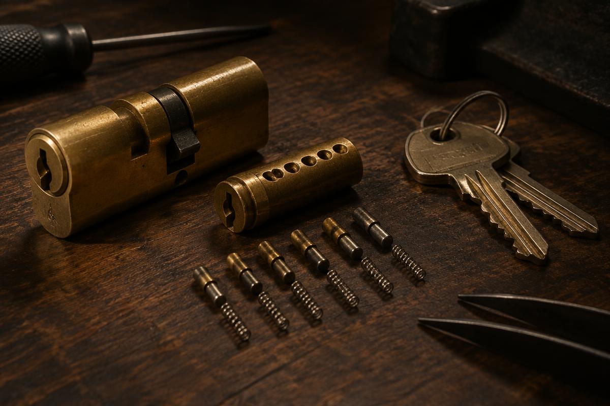 Locksmith rekeying a lock cylinder on a workbench