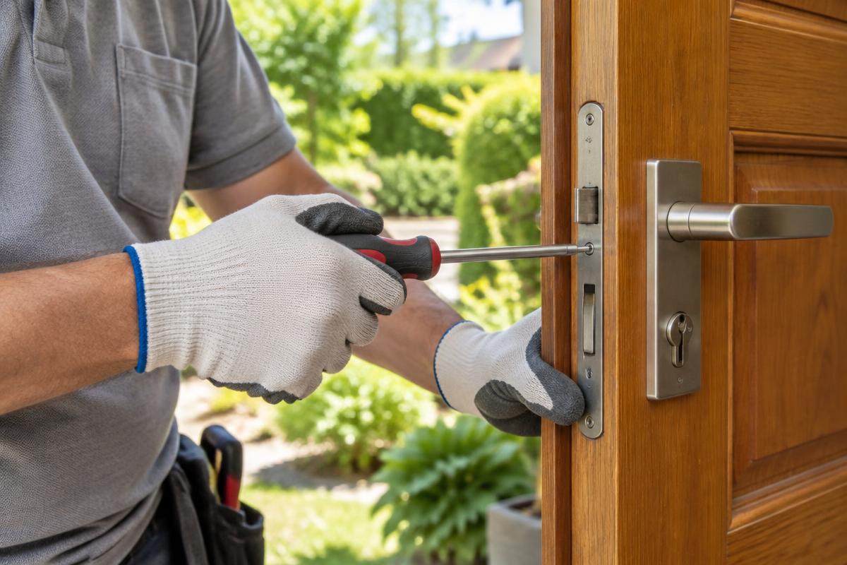 Locksmith repairing a faulty door lock mechanism